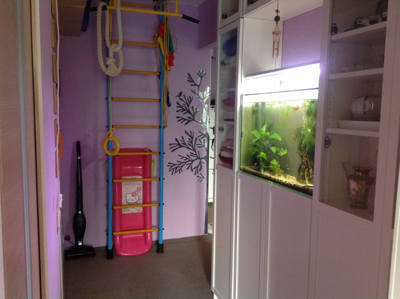 Большая прихожая в панельном доме с аквариумом, детской стенкой, мебелью из Икеа и ковролином на полу